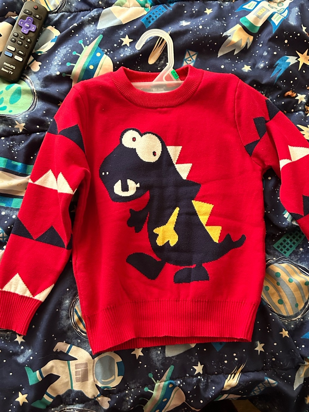 Red Kids Dino Sweater - Playful Cartoon Dinosaur Knit